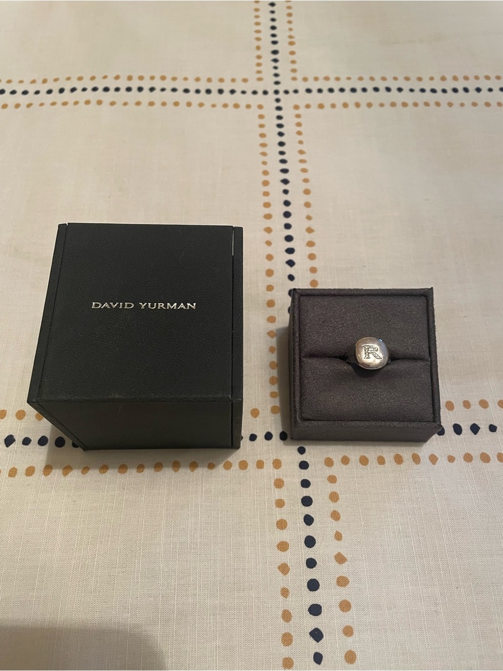 David Yurman Sterling Silver Signet Ring with R pave diamond Initial detail